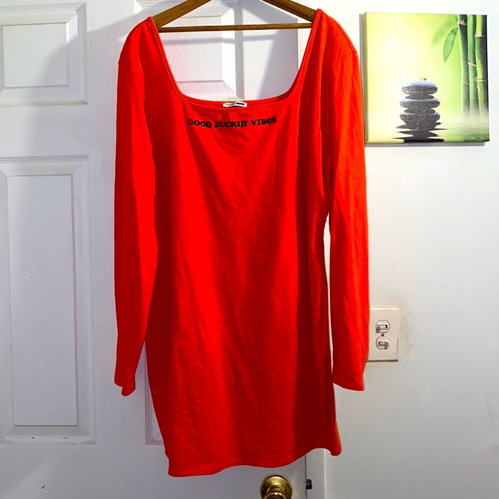 Soft cotton square neck knee length dress in orange